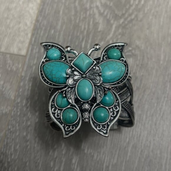 Turquoise Butterfly Statement Cuff Bracelet - Picture 1 of 11